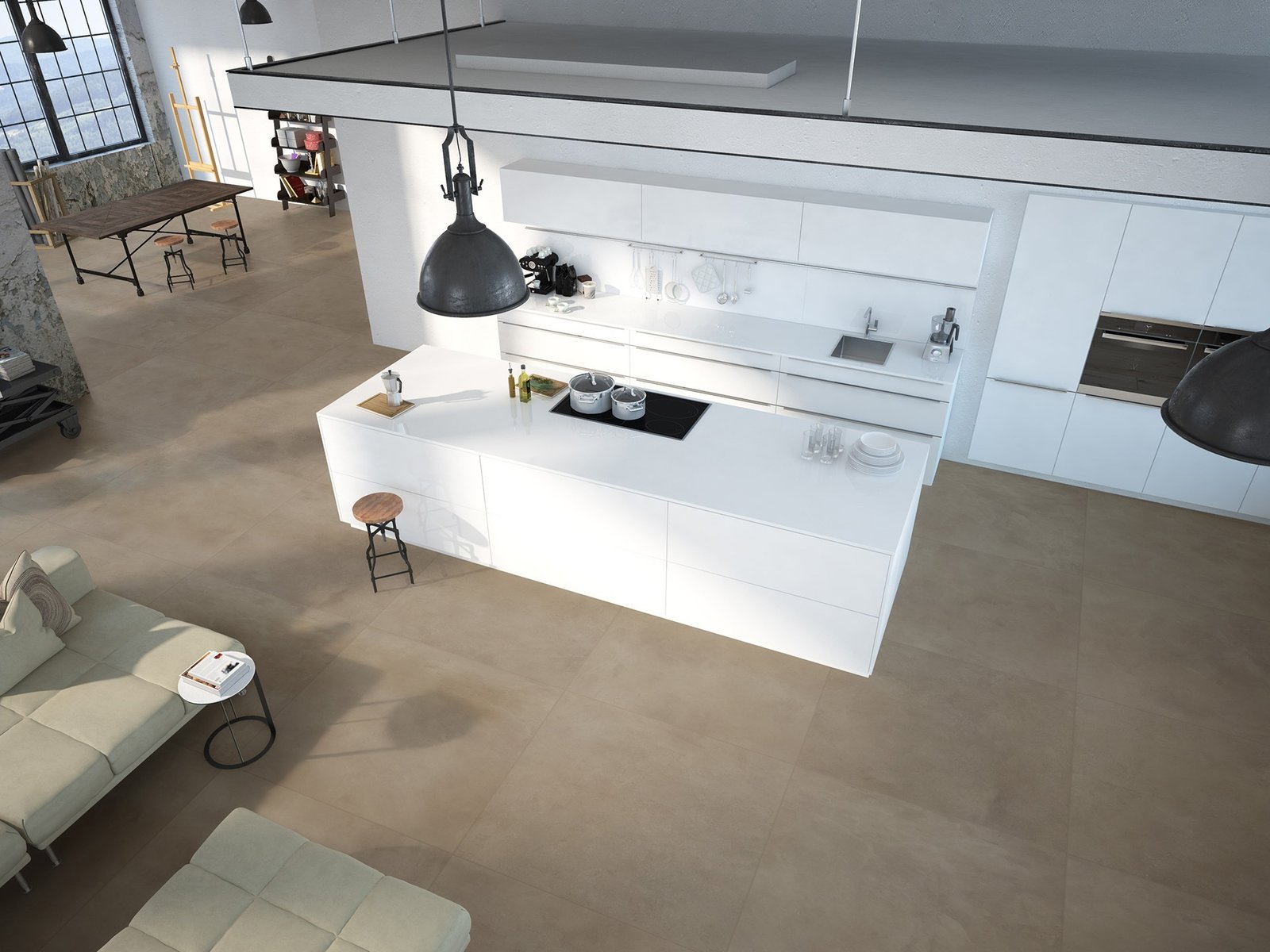 Modern loft with a kitchen .3d rendering